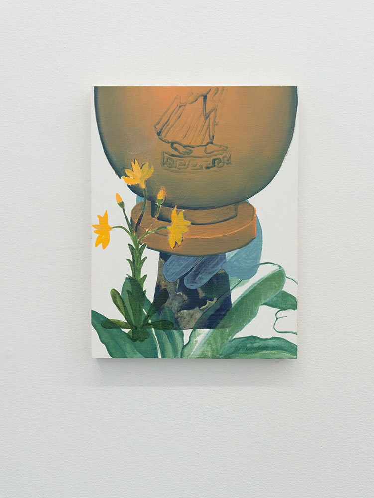 a vase, a running dog, a dress, destiny's flowers