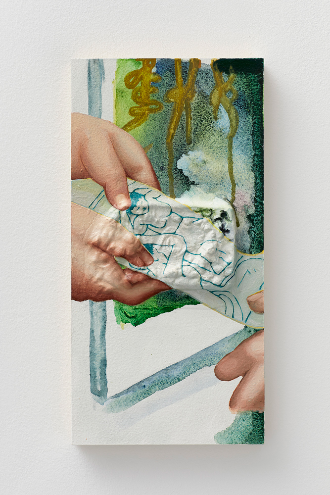Tired of trying to tune his aching instrument of a self
2019, 30 x 15 cm, Ceramics, watercolor and oil on board
